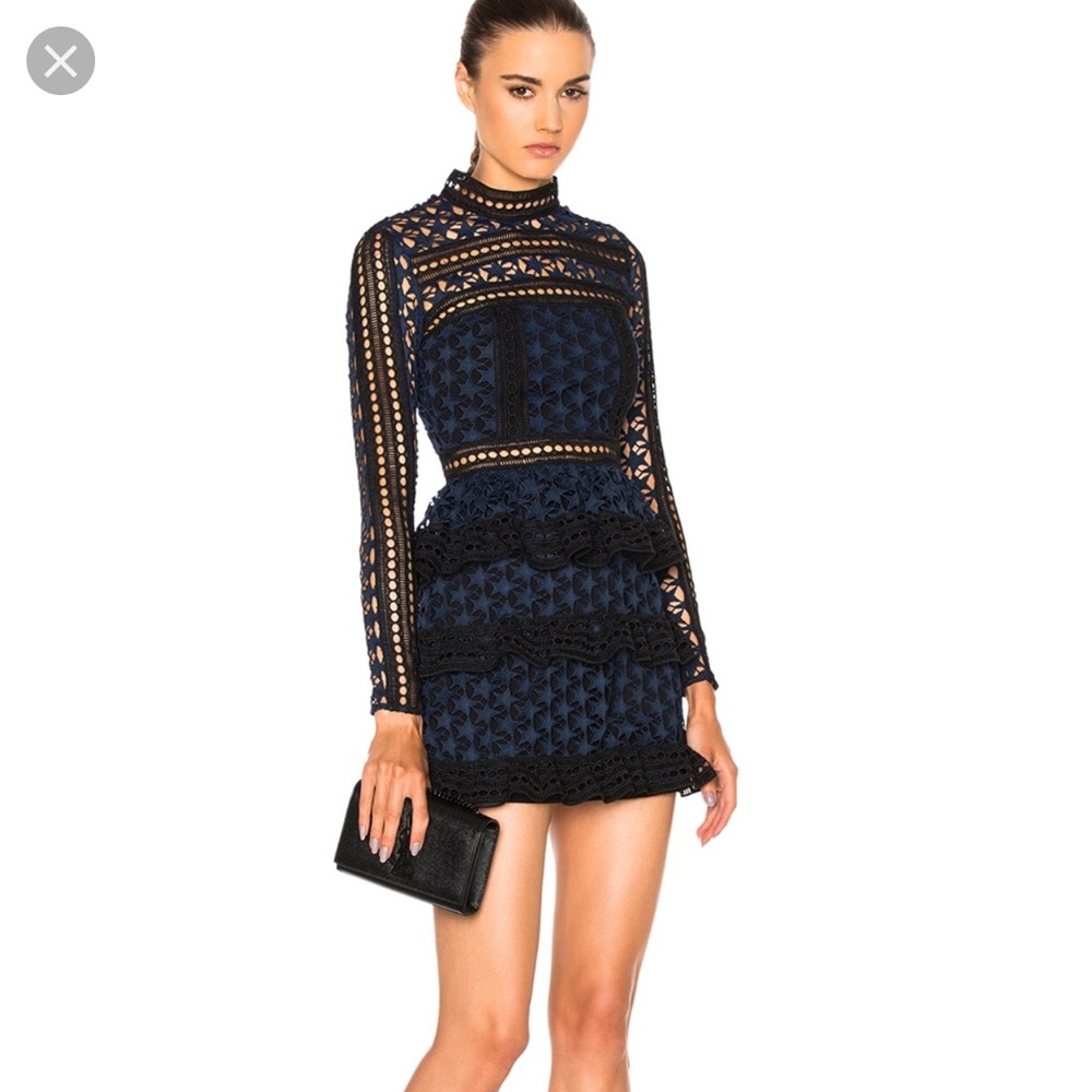 Self-Portrait Blue Star Lace High Neck Mini Dress